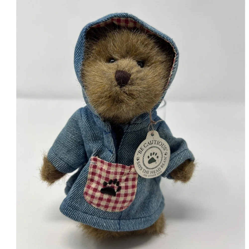 Boyds Bears Plush‎ Teddy Bear Denim Hoodie Gingham Checkered Pocket Head Bean